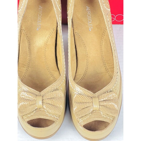 Aerosoles Bentwood Shoes Womens 8.5M Tan Lizard Bowtie Open Toe Heels Workwear - Picture 3 of 12